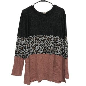 P & Rose Tunic Womens 1XL Long Sleeve Top Animal Print Taupe Dark Gray EUC